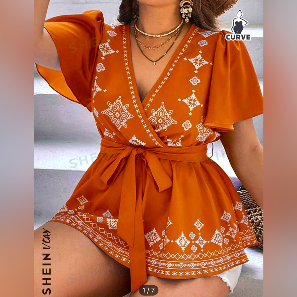 SHEIN 0XL, orange printed waist tie top